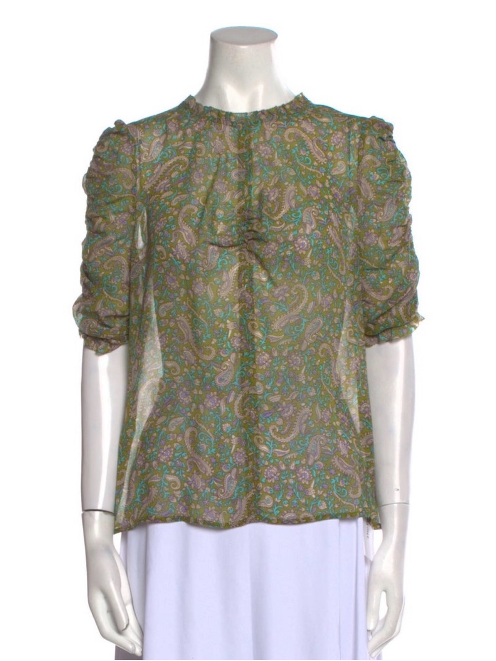 Veronica Beard Natuka Olive Paisley Ruffle-Neck Sheer Silk Blouse